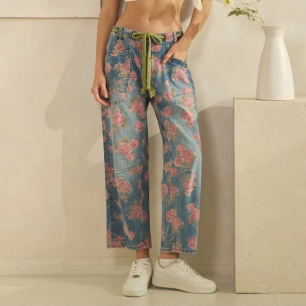 Oli & Hali Blue Denim Jeans with Pink Rose Print